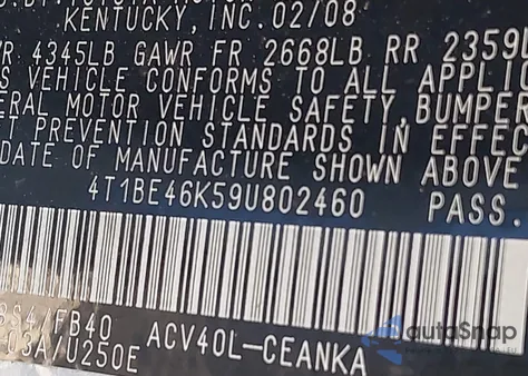 2009 Toyota Camry Le из США, поврежденный, VIN 4T1BE46K59U802460